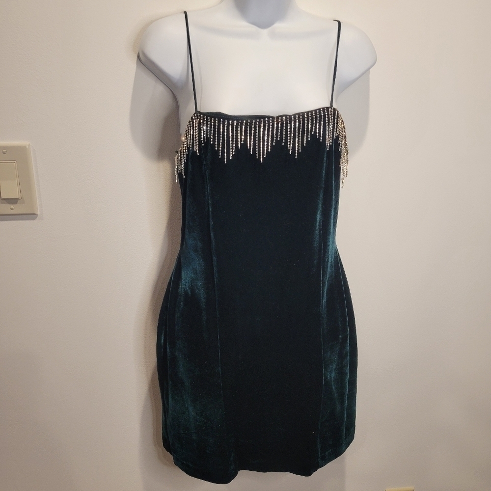Zara size L green velvet mini dress w/Rhinestones fringe holiday